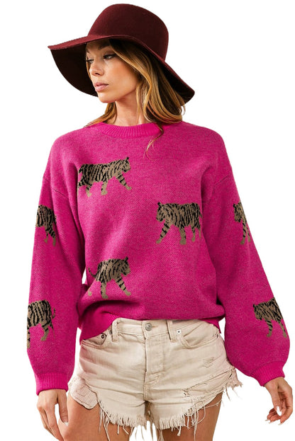 Rosaroter, lässiger Strickpullover mit wildem Tiermuster