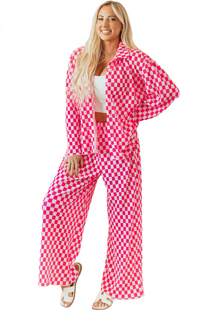 Rosa Pyjama-Set mit kariertem Hemd mit Knöpfen und hoch taillierter Hose