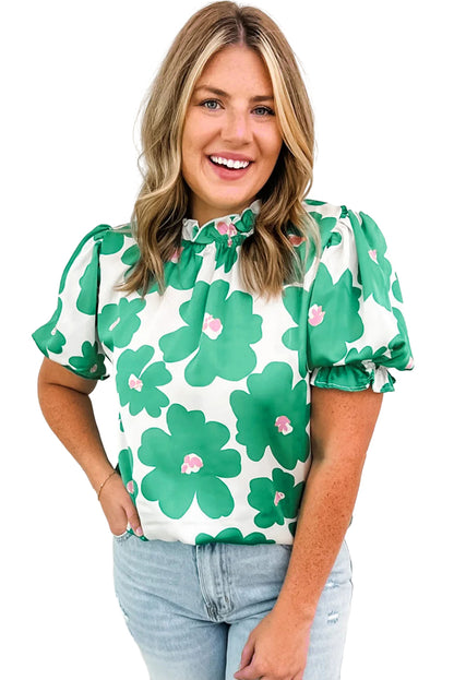 Grüne Bluse mit Blumenmuster, Puffärmeln und Rüschenausschnitt