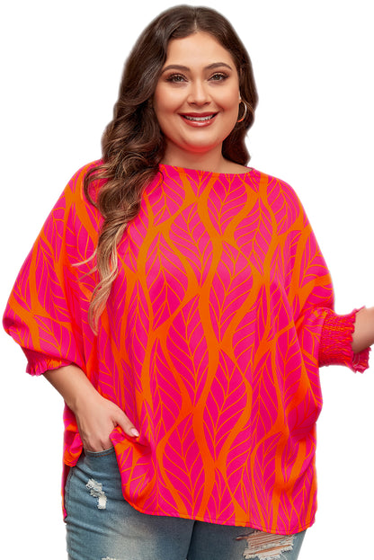 Bluse mit gesmokten Laternenärmeln und Rosenblatt-Print in Übergröße