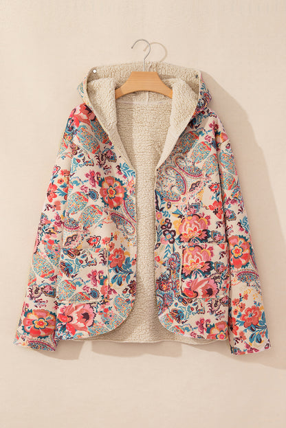 Beige Vintage Paisley Blumendruck Sherpa-gefütterte Kapuzenjacke