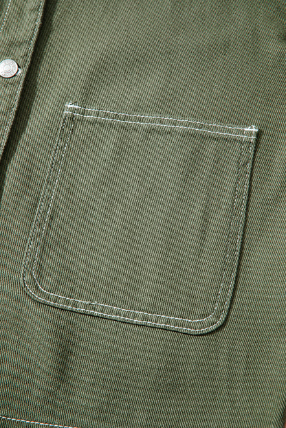 Smoke Green Patched Pocket Collared Button Front Boyfriend Denim Jacket