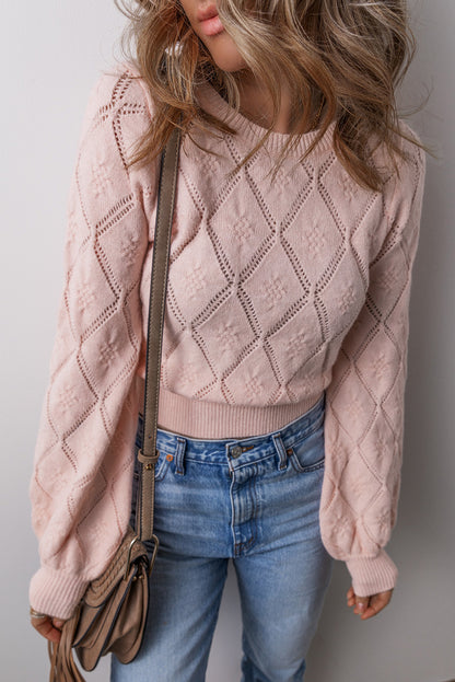 Kurzer Pullover mit durchbrochenem Karomuster und Puffärmeln in zartem Rosa