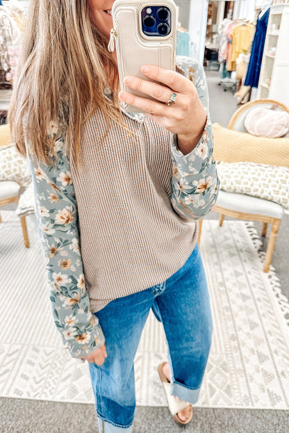 Parchment Twist Ribbed Floral Contrast Patchwork Long Sleeve Top