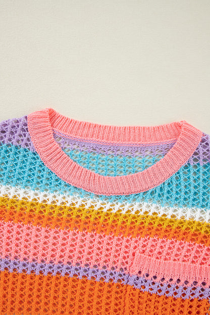 Rosa gestreifter Colorblock-Pullover mit 3/4-Ärmeln und ausgehöhltem Häkelmuster
