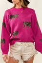 Rosaroter, lässiger Strickpullover mit wildem Tiermuster