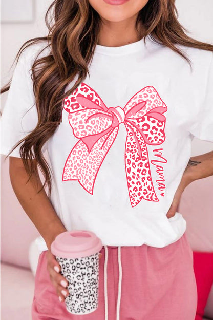 Weißes T-Shirt mit Leopardenmuster und Schleife zum Muttertag