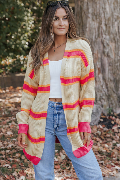 Gerippter, langer Cardigan mit Streifenmuster