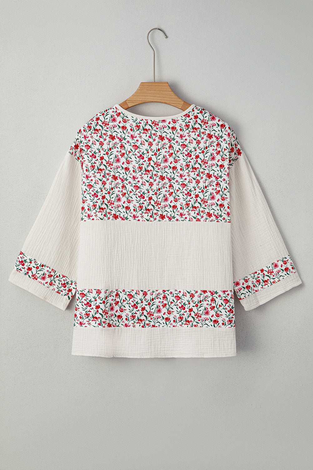 Red Floral Print Gauze Patchwork Henley Button 3/4 Sleeve Blouse