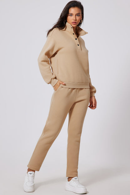 Parchment Solid Set aus Sweatshirt mit halben Knöpfen und Jogginghose mit hoher Taille