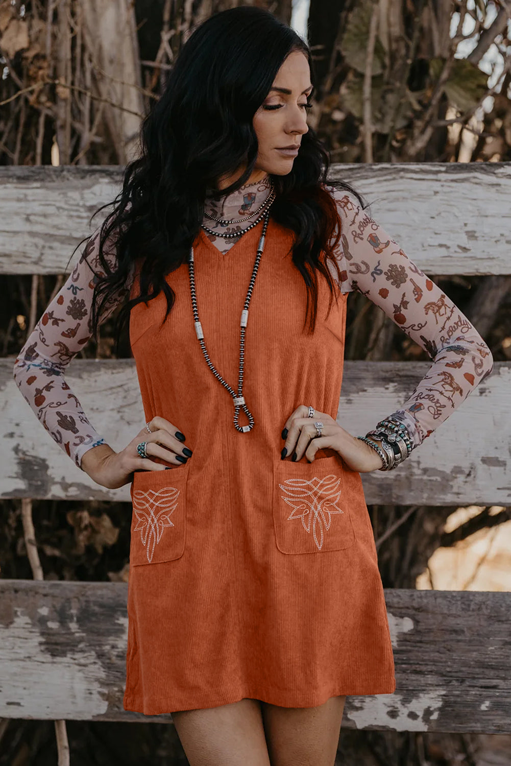 Gold Flame Corduroy Western Embroidered Patched Pocket Shift Sleeveless Mini Dress