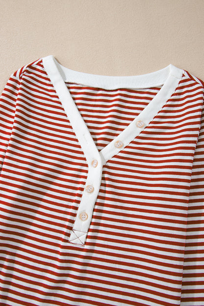 Lounge-Set mit rotem Streifenmuster, geknöpftem V-Ausschnitt und Hose mit geknoteter Taille