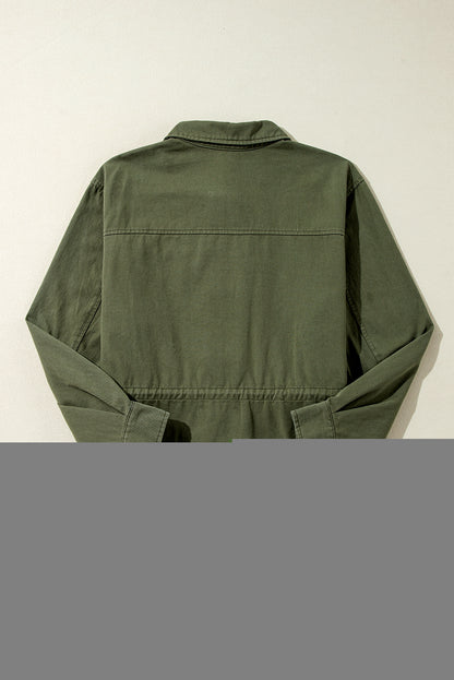 Moosgrüne Jacke mit Druckknopf-Reißverschluss und engem Taillenkragen