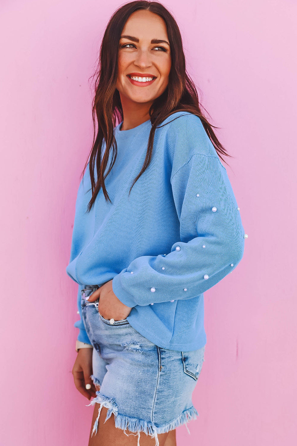Myosotis Pullover mit Perlenärmeln, überschnittener Schulter und Rundhalsausschnitt