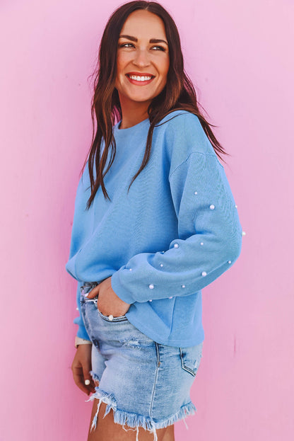 Myosotis Pullover mit Perlenärmeln, überschnittener Schulter und Rundhalsausschnitt
