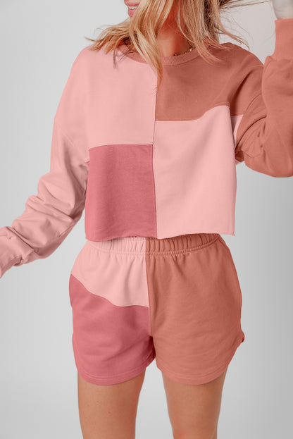 Pfirsichblüten-Colorblock-Patchwork-Langarm-Shorts-Outfit