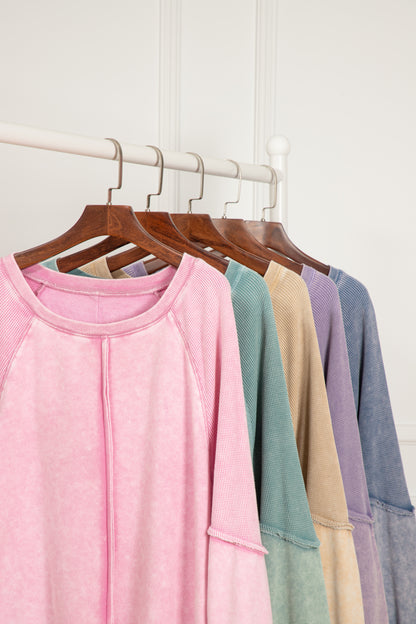 Helles, französisches Beige, einfarbiges Waffelstrick-Patchwork-Sweatshirt mit Raglanärmeln