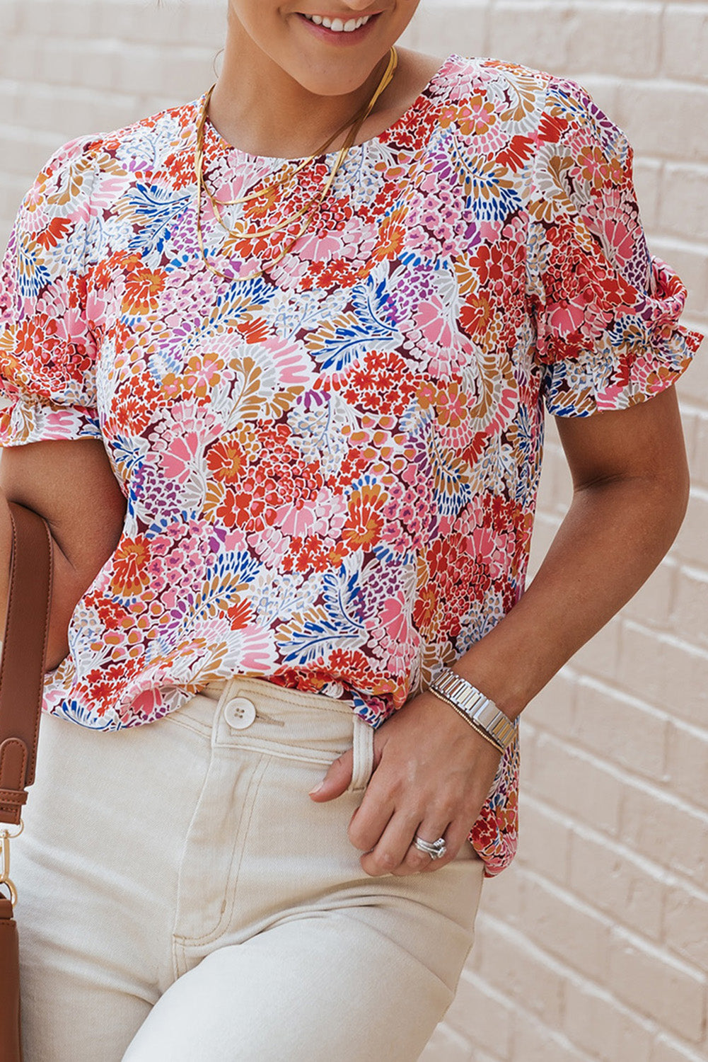 Bluse mit mehrfarbigen Blumenmuster-Mix und Puffärmeln