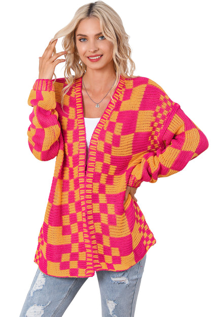 Mehrfarbige Strickjacke mit offenem Vorderteil und gemischtem Karomuster