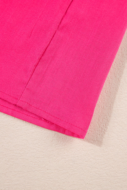Erdbeerrosa Bluse mit V-Ausschnitt und geometrischer Stickerei, Quaste und Schleife