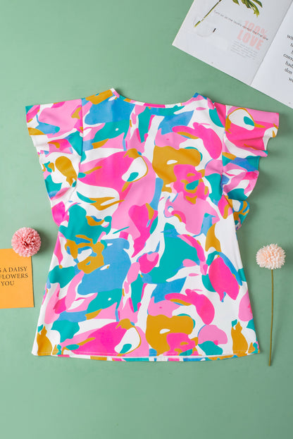 Mehrfarbige Bluse mit abstraktem Print, gekerbtem Ausschnitt und flatternden Ärmeln
