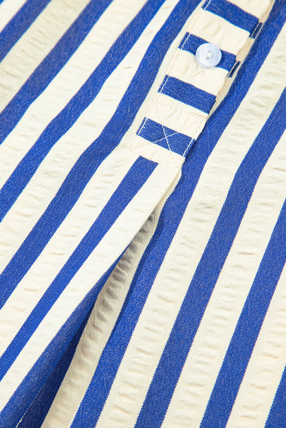 Blue Stripe Collared Half Button Side Pockets Loose Fit Mini Dress