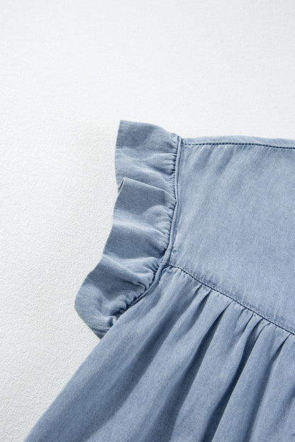 Beau Blue – Gestuftes Jeanskleid in A-Linie mit Rüschen und kurzen Ärmeln