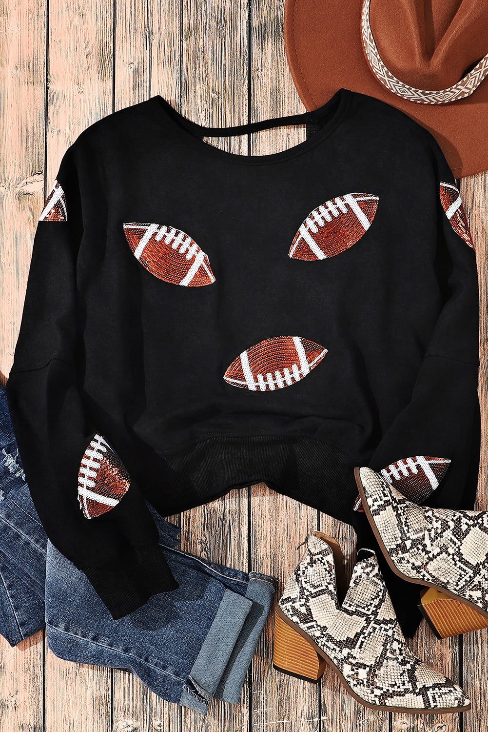 Schwarzes Sweatshirt mit offener Rückseite und Rugby-Grafik und Pailletten