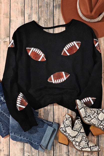 Schwarzes Sweatshirt mit offener Rückseite und Rugby-Grafik und Pailletten