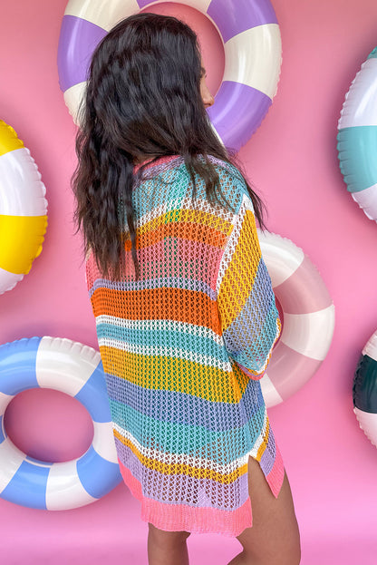 Rosa gestreifter Colorblock-Pullover mit 3/4-Ärmeln und ausgehöhltem Häkelmuster