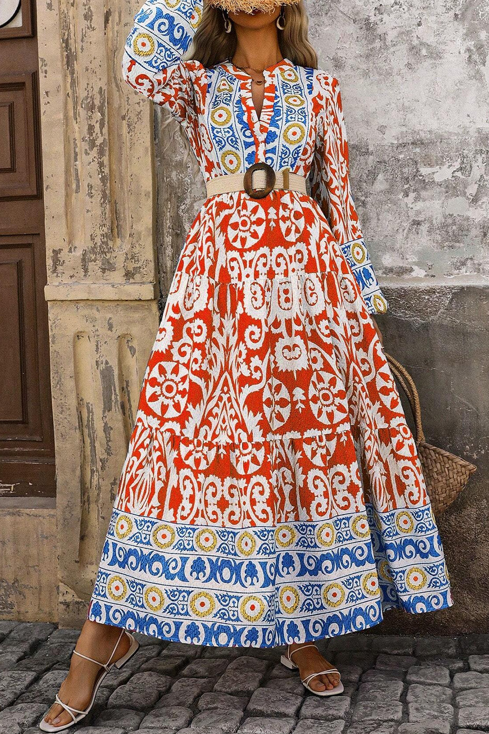 Oranges Boho-Maxikleid mit geometrischem Print und langen Ärmeln