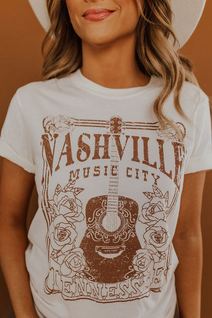 Weißes T-Shirt mit Rundhalsausschnitt und Grafik „NASHVILLE MUSIC CITY“