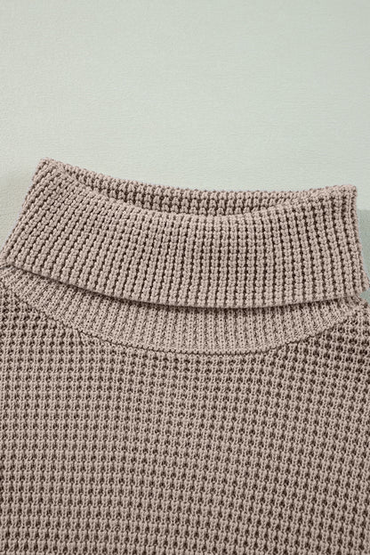 Rauchgrau gestreifter karierter Patchwork-Rollkragenpullover mit Waffelstrick