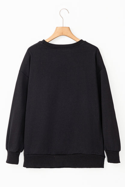 Schwarzes Lametta-Sweatshirt mit Game Day-Grafik und überschnittener Schulter