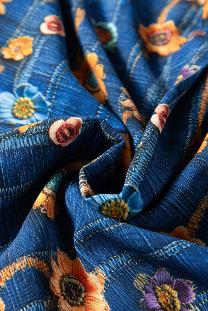 Blue Floral Collared V Neck Roll up Sleeve Shift Blouse