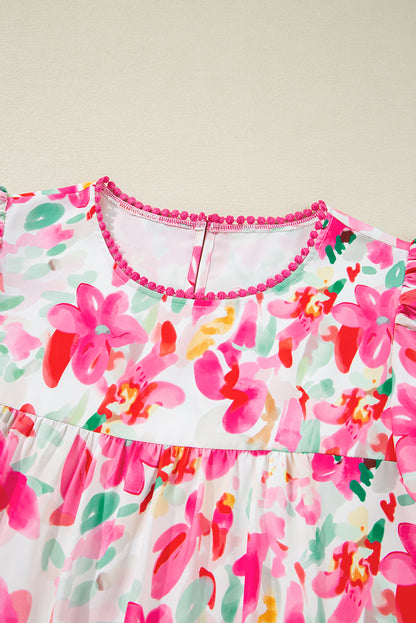 Lässige Bluse mit Rosen-Blumendruck, Flatterärmeln und Rundhalsausschnitt