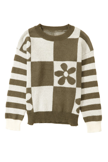 Grün karierter Pullover mit Blumenmuster und gestreiften Ärmeln