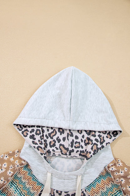 Multicolor Leopard Floral Patchwork Drawstring Hoodie