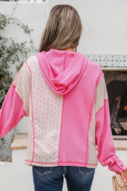 Pink Mixed Texture Waffle Floral Patchwork Hooded Oversize Pullover