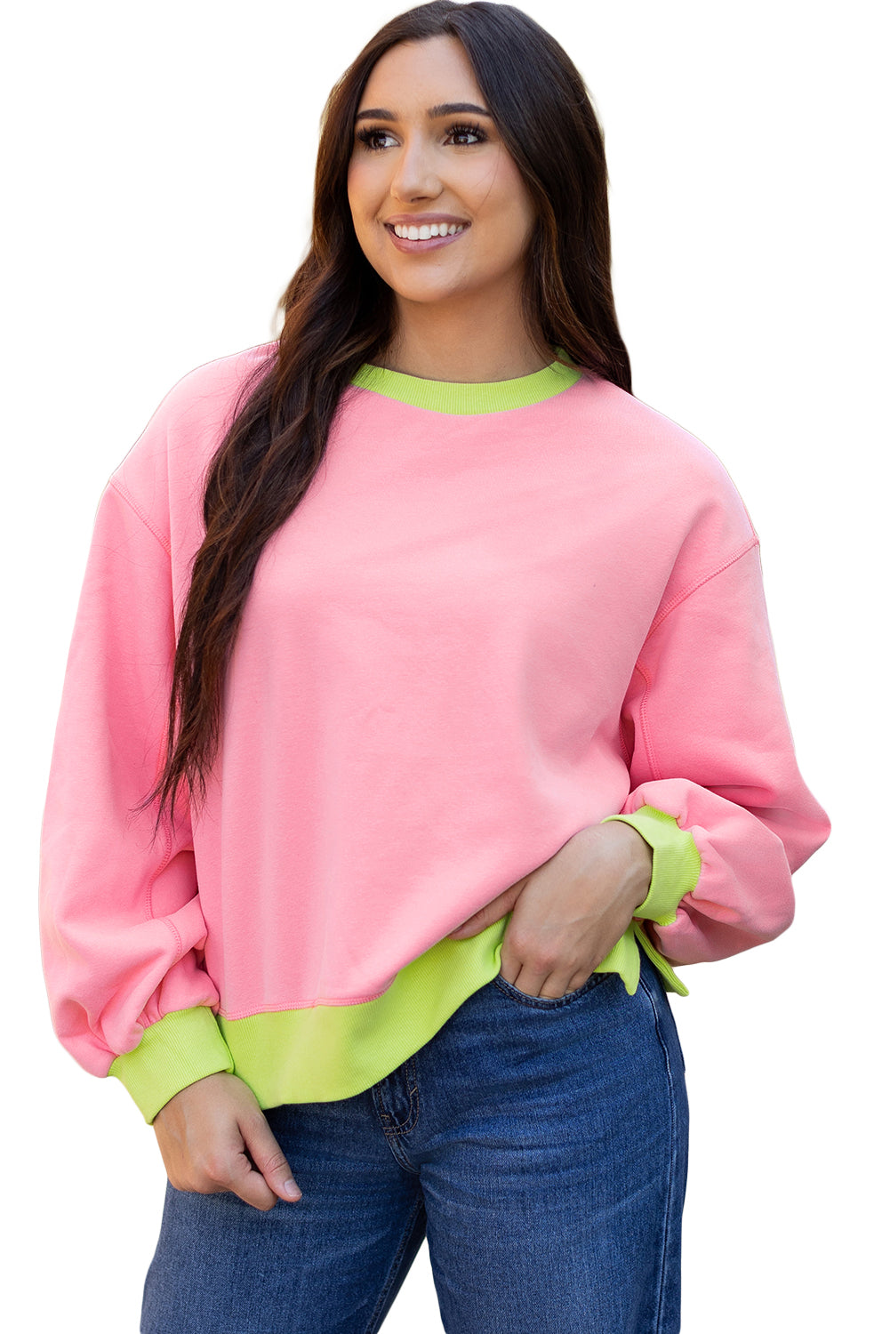 Rosa Sweatshirt mit Farbblock-Muster und Puffärmeln