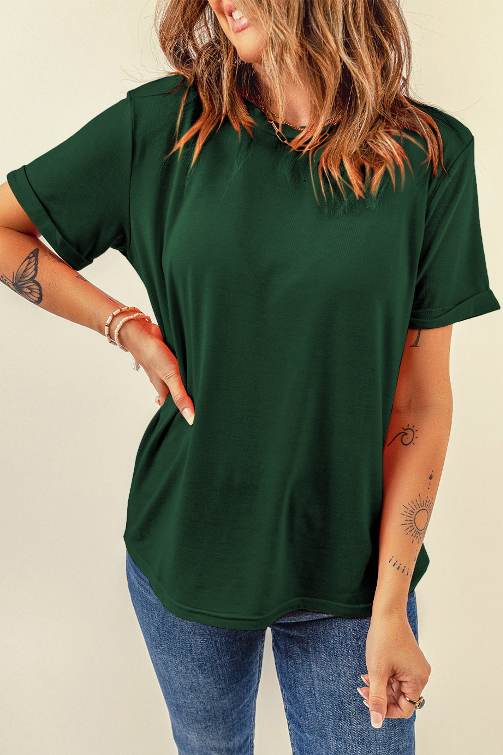 Grünes, lässiges, schlichtes T-Shirt mit Rundhalsausschnitt