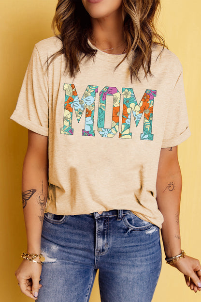 Khakifarbenes T-Shirt mit MOM-Blumenbuchstaben-Print