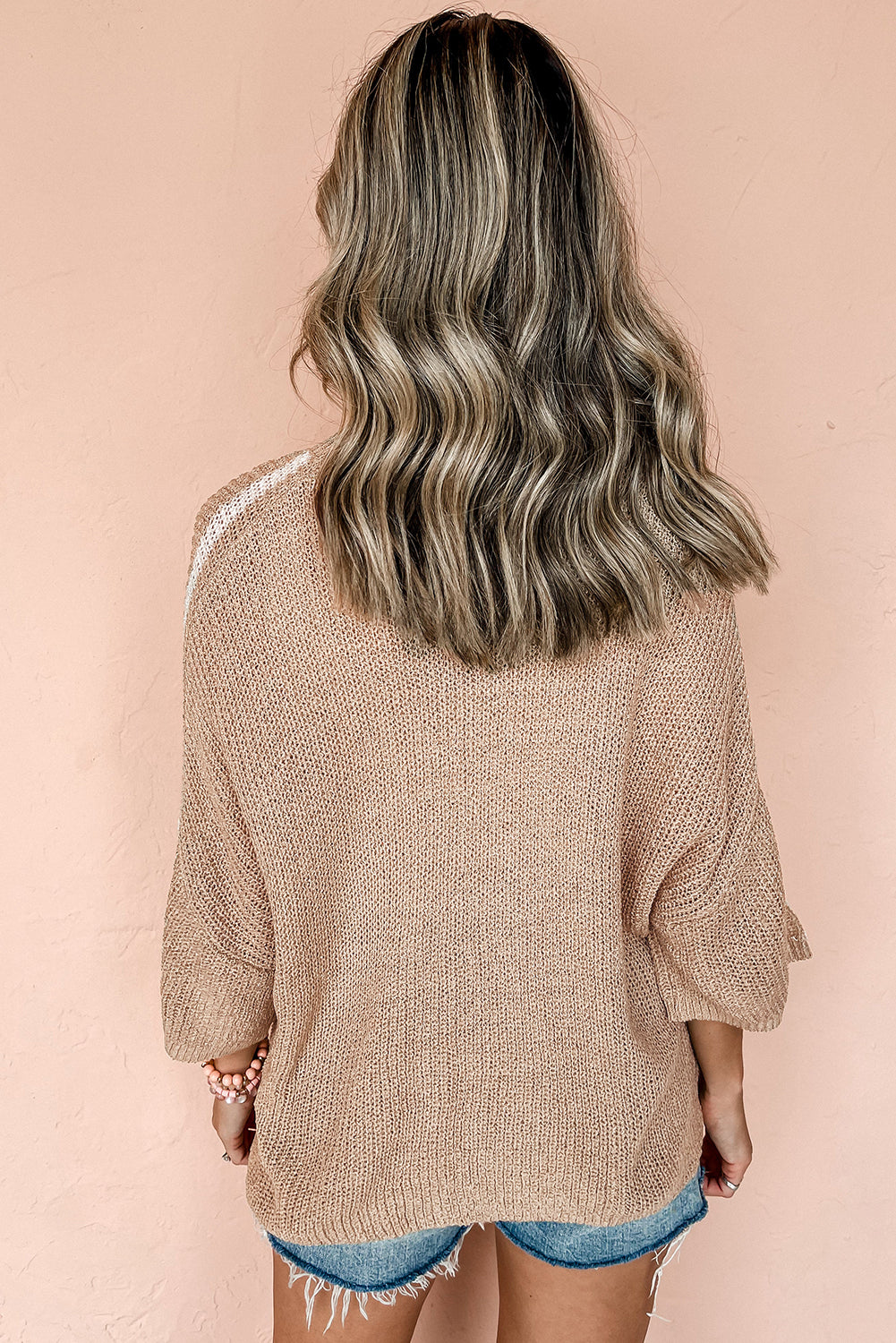 Pullover mit Rundhalsausschnitt und 3/4-Ärmeln in hellem Französisch-Beige mit Kontraststreifen