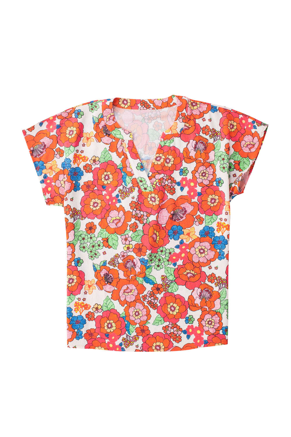 Feurig rotes Top mit Blumenmuster und Schlitz am Ausschnitt