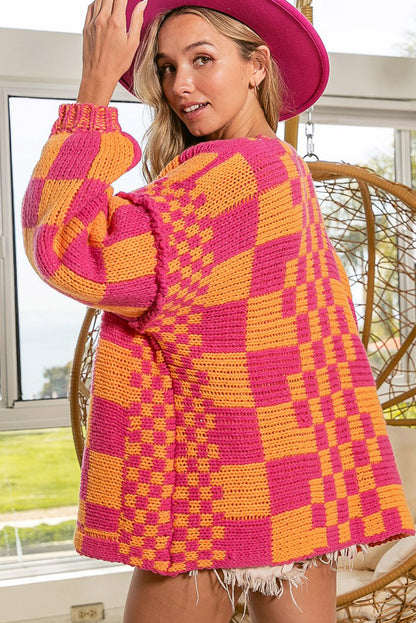 Mehrfarbige Strickjacke mit offenem Vorderteil und gemischtem Karomuster