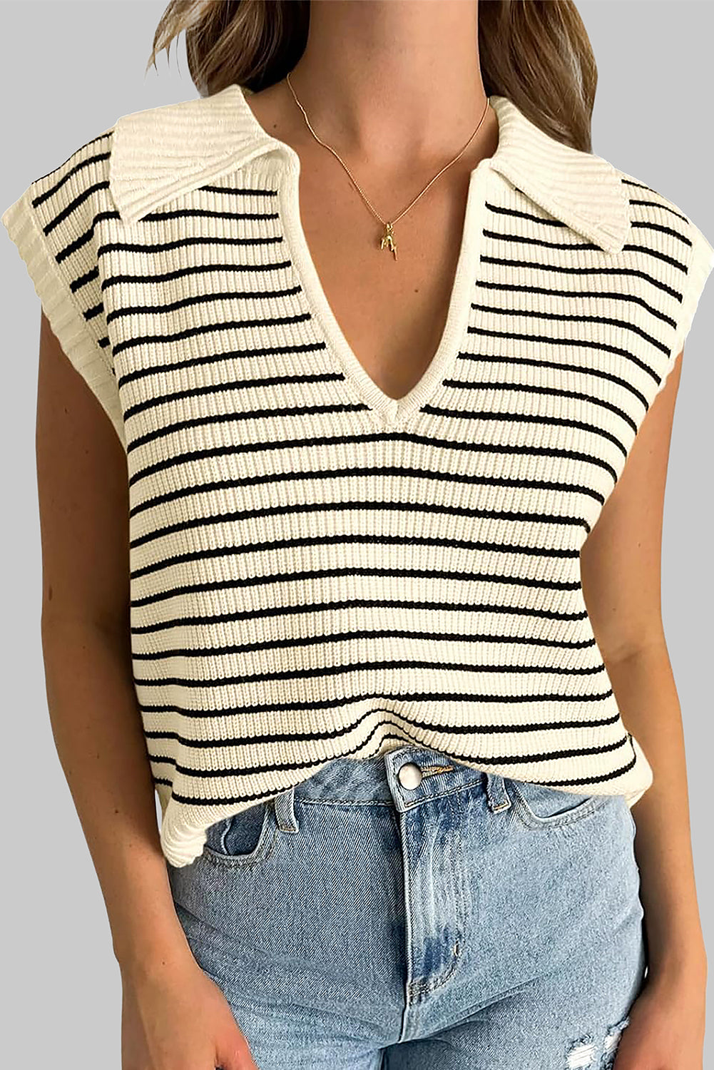 Beiges gestreiftes Umlege-Tanktop mit V-Ausschnitt