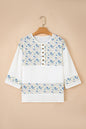 Sky Blue Floral Print Gauze Patchwork Henley Button 3/4 Sleeve Blouse