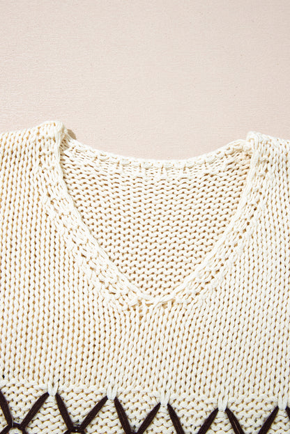 Parchment Contrast Stitch Detail V Neck Drop Shoulder Sweater