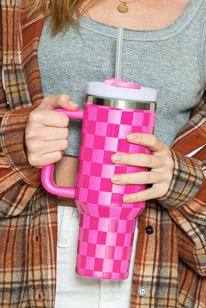 Edelstahlbecher mit Griff und Karomuster in leuchtendem Pink, 1,2 l