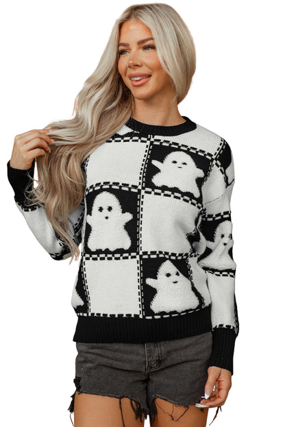 Black Halloween Ghost Checkered Drop Shoulder Sweater